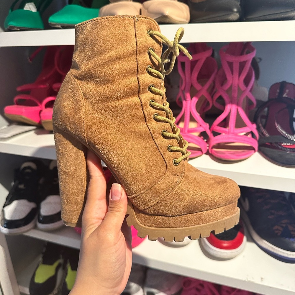 Tan Suede Lace-Up Ankle Boots